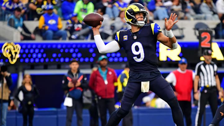 Nov 16, 2025; Inglewood, California, USA; Los Angeles Rams quarterback Matthew Stafford (9) throws a during the second half against the Seattle Seahawks at SoFi Stadium. Mandatory Credit: Gary A. Vasquez-Imagn Images
