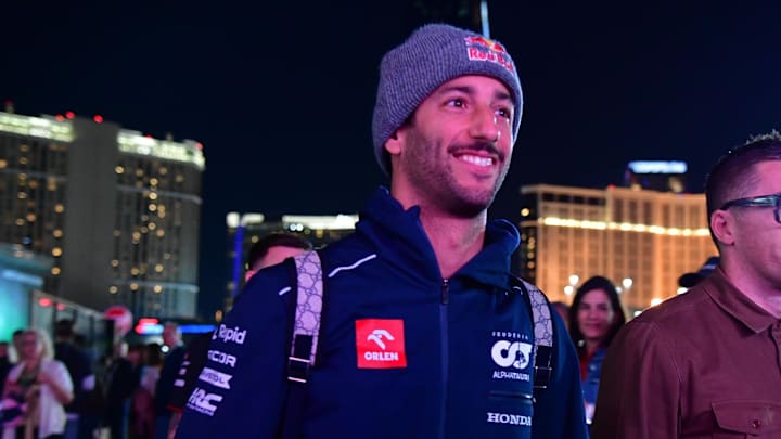 Nov 16, 2023; Las Vegas, Nevada, USA; Alpha Tauri driver Daniel Ricciardo of Australia (3) arrives Nov 16, 2023; Las Vegas, Nevada, USA; Alpha Tauri driver Daniel Ricciardo of Australia (3) arrives