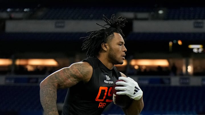 Mar 1, 2025; Indianapolis, IN, USA; North Carolina running back Omarion Hampton (RB09) during the 2025 NFL Combine at Lucas Oil Stadium. Mandatory Credit: Kirby Lee-Imagn Images