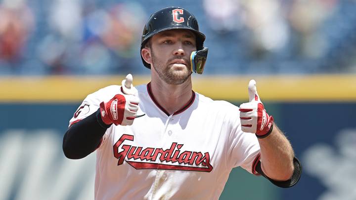 Jul 1, 2026; Cleveland, Ohio, USA; Cleveland Guardians left fielder David Fry (6) rounds the bases after hitting a home run during the second inning against the Texas Rangers at Progressive Field. Mandatory Credit: Ken Blaze-Imagn Images Jul 1, 2026; Cleveland, Ohio, USA; Cleveland Guardians left fielder David Fry (6) rounds the bases after hitting a home run during the second inning against the Texas Rangers at Progressive Field. Mandatory Credit: Ken Blaze-Imagn Images