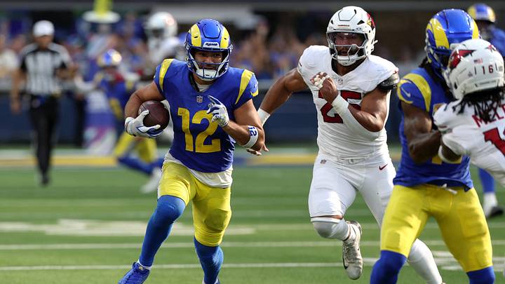 Oct 18, 2026; Inglewood, California, USA; Los Angeles Rams wide receiver Puka Nacua (12) runs the ball ahead of Arizona Cardinals linebacker Zaven Collins (25) in the fourth quarter at SoFi Stadium. Mandatory Credit: Kiyoshi Mio-Imagn Images Oct 18, 2026; Inglewood, California, USA; Los Angeles Rams wide receiver Puka Nacua (12) runs the ball ahead of Arizona Cardinals linebacker Zaven Collins (25) in the fourth quarter at SoFi Stadium. Mandatory Credit: Kiyoshi Mio-Imagn Images