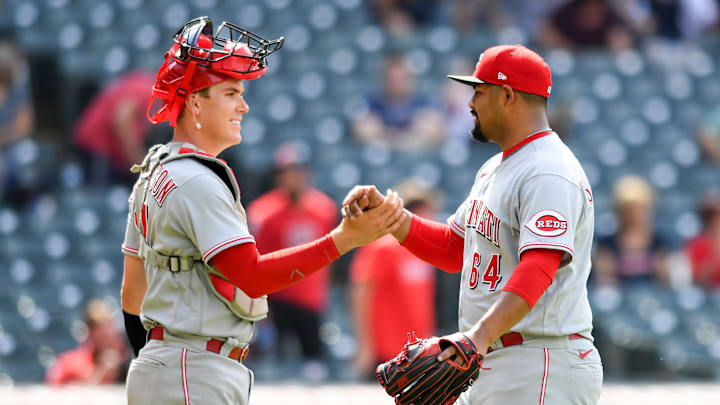Cincinnati Reds Tyler Stephenson and Tony Santillan celebrate.