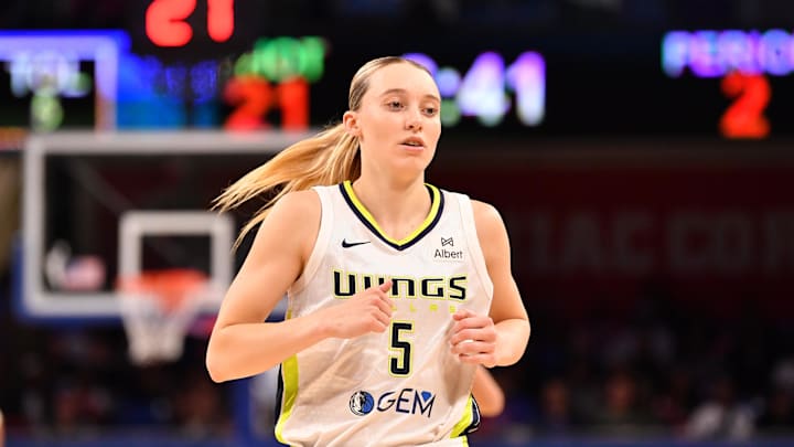May 29, 2025; Chicago, Illinois, USA; Dallas Wings guard Paige Bueckers (5) is seen during the first half against the Chicago Sky at the Wintrust Arena. Mandatory Credit: Patrick Gorski-Imagn Images