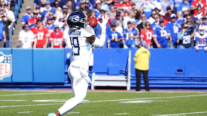 Oct 20, 2024; Orchard Park, New York, USA; Tennessee Titans wide receiver Jha'Quan Jackson (19) catches a punt against the Buffalo Bills during the first half at Highmark Stadium. Mandatory Credit: Gregory Fisher-Imagn Images