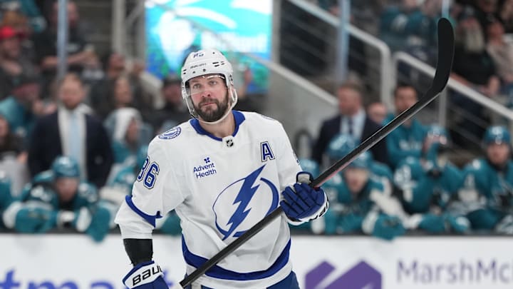 Jan 3, 2026; San Jose, California, USA; Tampa Bay Lightning right wing Nikita Kucherov (86) stands on the ice during the third period against the San Jose Sharks at SAP Center at San Jose. Mandatory Credit: Darren Yamashita-Imagn Images