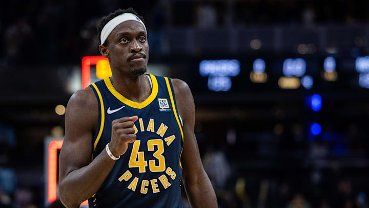 Mar 19, 2025; Indianapolis, Indiana, USA;  Indiana Pacers forward Pascal Siakam (43) celebrates the win against the Dallas Mavericks at Gainbridge Fieldhouse. Mandatory Credit: Trevor Ruszkowski-Imagn Images