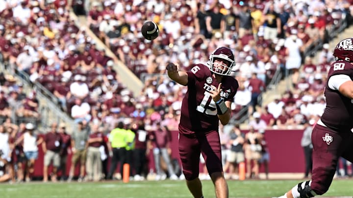 Oct 5, 2024; College Station, Texas, USA; Texas A&M Aggies quarterback Conner Weigman (15) passes the ball in the first half against the Missouri Tigers at Kyle Field. Mandatory Credit: Maria Lysaker-Imagn Images. 