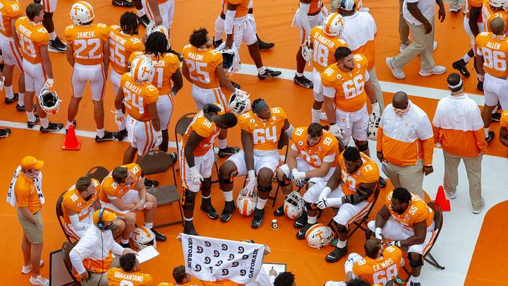 Tennessee players review plays on the sideline during the Alabama and Tennessee football game at Neyland Stadium at the University of Tennessee in Knoxville, Tenn., on Saturday, Oct. 24, 2020.

Tennessee Vs Alabama Football 100369