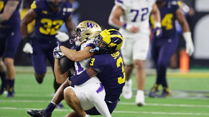 Jan 8, 2024; Houston, TX, USA; Michigan Wolverines defensive back Keon Sabb (3) tackles Washington