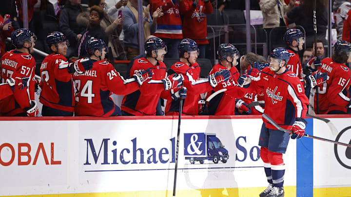 Nov 22, 2025; Washington, District of Columbia, USA; Washington Capitals defenseman Jakob Chychrun (6) celebrates with teammates after scoring a goal against the Tampa Bay Lightning during the second period at Capital One Arena. Mandatory Credit: Geoff Burke-Imagn Images Nov 22, 2025; Washington, District of Columbia, USA; Washington Capitals defenseman Jakob Chychrun (6) celebrates with teammates after scoring a goal against the Tampa Bay Lightning during the second period at Capital One Arena. Mandatory Credit: Geoff Burke-Imagn Images