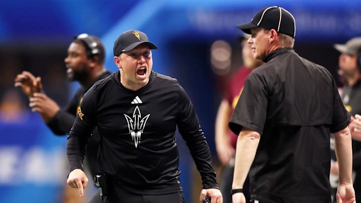 Jan 1, 2025; Atlanta, GA, USA; Arizona State Sun Devils head coach Kenny Dillingham reacts after a call during the first half of the Peach Bowl at Mercedes-Benz Stadium. Mandatory Credit: Brett Davis-Imagn Images