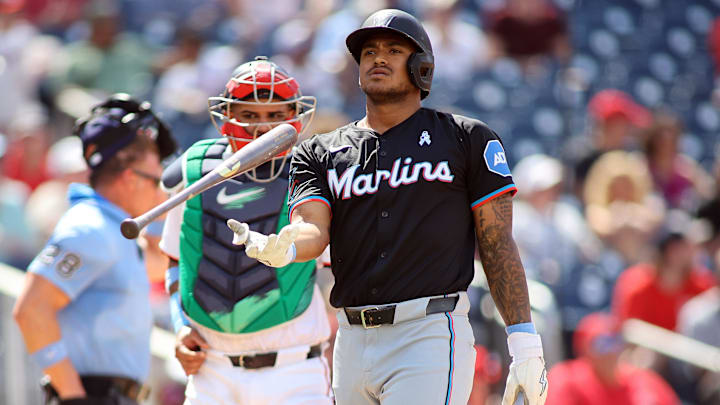 Jun 16, 2024; Washington, District of Columbia, USA; Miami Marlins outfielder Dane Myers (54) reacts to a strikeout during the eighth inning in a game against the Washington Nationals at Nationals Park.