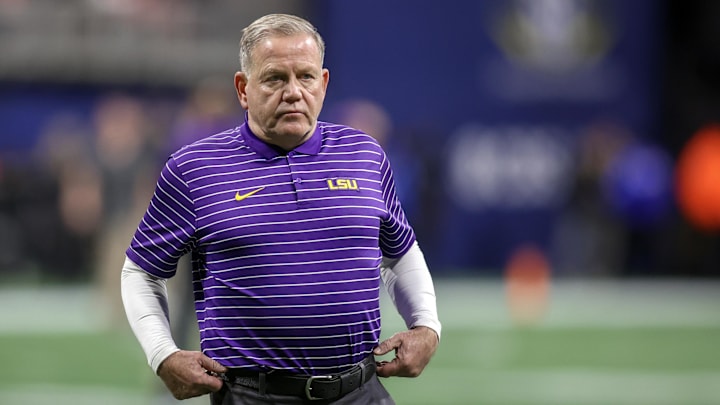 Dec 3, 2022; Atlanta, GA, USA; LSU Tigers head coach Brian Kelly prepares for the SEC Championship