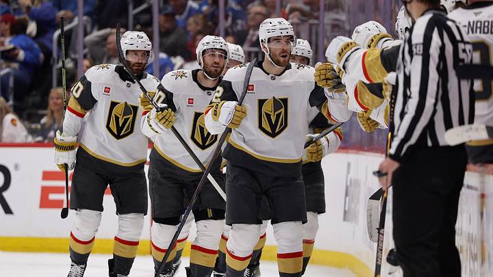 May 20, 2026; Denver, Colorado, USA; Vegas Golden Knights defenseman Dylan Coghlan (52) celebrates with teammates after scoring during the second period against the Colorado Avalanche in game one of the Western Conference Final of the 2026 Stanley Cup Playoffs at Ball Arena. Mandatory Credit: Isaiah J. Downing-Imagn Images