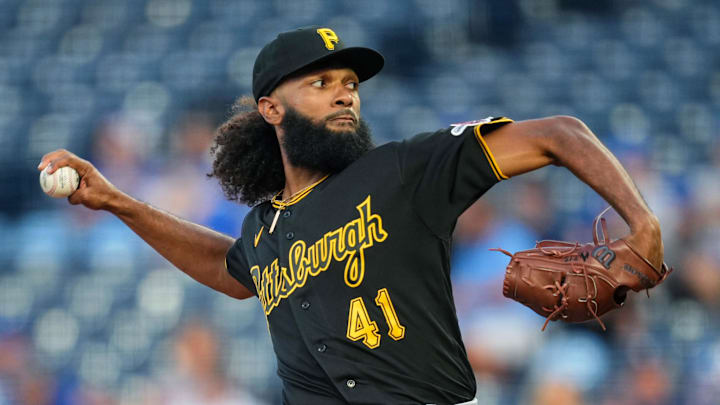 Aug 30, 2023; Kansas City, Missouri, USA; Pittsburgh Pirates starting pitcher Andre Jackson (41)