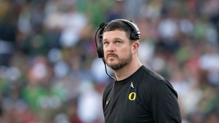 Oregon head coach Dan Lanning looks to the clock towards the end of the first half as the Oregon Ducks face the Ohio State Buckeyes Wednesday, Jan. 1, 2025, in the quarterfinal of the College Football Playoff at the Rose Bowl in Pasadena, Calif.