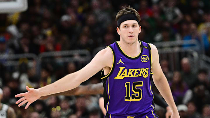 Mar 13, 2025; Milwaukee, Wisconsin, USA; Los Angeles Lakers guard Austin Reaves (15) reacts in the second quarter against the Milwaukee Bucks at Fiserv Forum. Mandatory Credit: Benny Sieu-Imagn Images Mar 13, 2025; Milwaukee, Wisconsin, USA; Los Angeles Lakers guard Austin Reaves (15) reacts in the second quarter against the Milwaukee Bucks at Fiserv Forum. Mandatory Credit: Benny Sieu-Imagn Images
