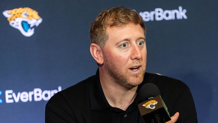 Jacksonville Jaguars Head Coach Liam Coen answers questions during a press conference with the team’s first-round pick, Colorado Buffaloes wide receiver and defensive back Travis Hunter, Friday, March 25, 2025 at Miller Electric Center in Jacksonville, Fla. [Doug Engle/Florida Times-Union]