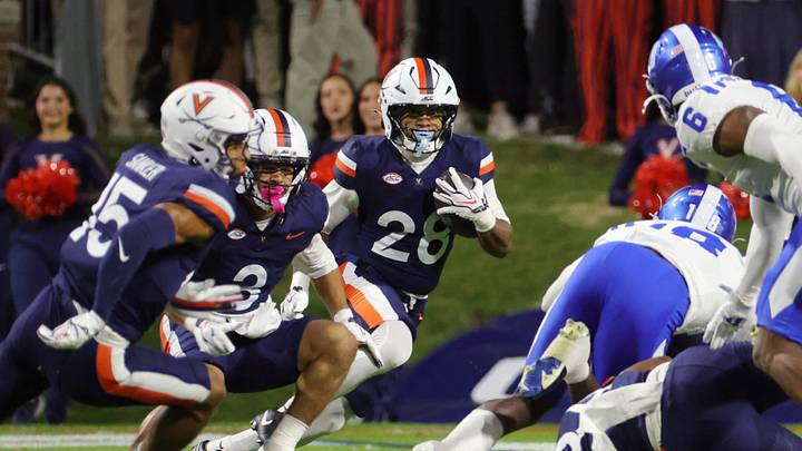 Oct 23, 2026; Charlottesville, Virginia, USA; Virginia Cavaliers running back Solomon Beebe (28) carries the ball against the Duke Blue Devils during the first half at Scott Stadium. Mandatory Credit: Amber Searls-Imagn Images Oct 23, 2026; Charlottesville, Virginia, USA; Virginia Cavaliers running back Solomon Beebe (28) carries the ball against the Duke Blue Devils during the first half at Scott Stadium. Mandatory Credit: Amber Searls-Imagn Images