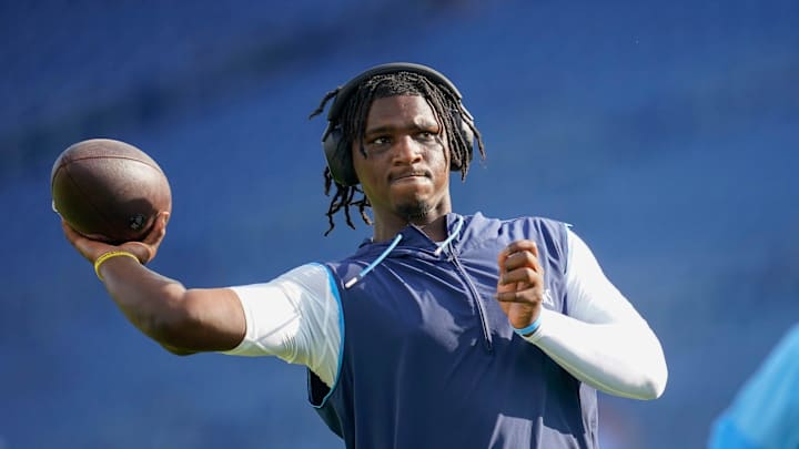 Tennessee Titans quarterback Cam Ward warms up before an NFL pre-season game against the Minnesota Vikings.