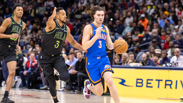 Jan 26, 2024; New Orleans, Louisiana, USA; Oklahoma City Thunder guard Josh Giddey (3) steals the Jan 26, 2024; New Orleans, Louisiana, USA; Oklahoma City Thunder guard Josh Giddey (3) steals the