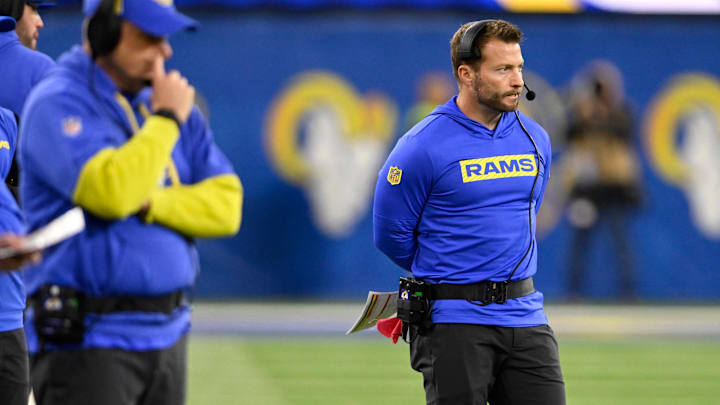 Nov 24, 2024; Inglewood, California, USA;  Los Angeles Rams head coach Sean McVay watches from the sidelines during the second half against the Philadelphia Eagles at SoFi Stadium. Mandatory Credit: Alex Gallardo-Imagn Images