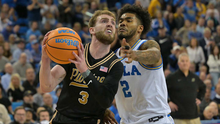 Jan 20, 2026; Los Angeles, California, USA;  Purdue Boilermakers guard Braden Smith (3) is defended by UCLA Bruins guard Donovan Dent (2) in the second half at Pauley Pavilion presented by Wescom Financial. Mandatory Credit: Jayne Kamin-Oncea-Imagn Images
