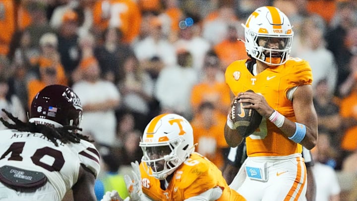 Tennessee quarterback Nico Iamaleava (8) looks to throw during a college football game between Tennessee and Mississippi State at Neyland Stadium in Knoxville, Tenn., on Saturday, Nov. 9, 2024. Tennessee quarterback Nico Iamaleava (8) looks to throw during a college football game between Tennessee and Mississippi State at Neyland Stadium in Knoxville, Tenn., on Saturday, Nov. 9, 2024.
