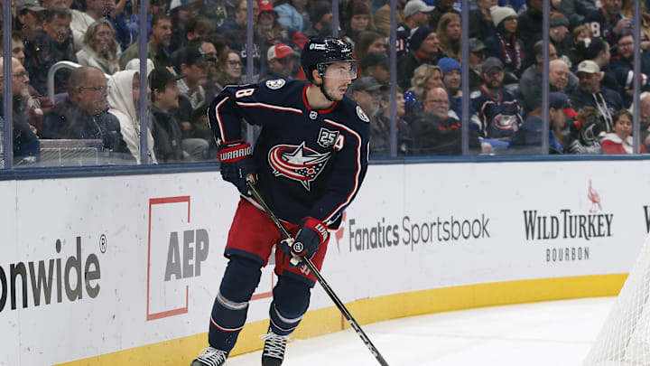 Oct 29, 2025; Columbus, Ohio, USA; Columbus Blue Jackets defenseman Zach Werenski (8) carries the puck against the Toronto Maple Leafs during the first period at Nationwide Arena. Mandatory Credit: Russell LaBounty-Imagn Images