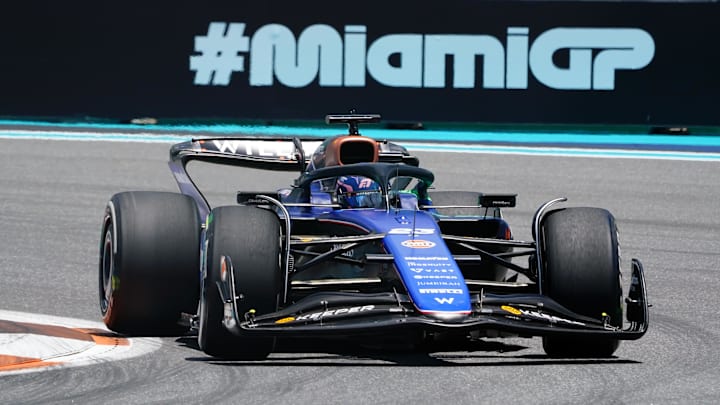 May 3, 2024; Miami Gardens, Florida, USA; Williams driver Alexander Albon (23) races into turn one during F1 practice at Miami International Autodrome. Mandatory Credit: John David Mercer-Imagn Images May 3, 2024; Miami Gardens, Florida, USA; Williams driver Alexander Albon (23) races into turn one during F1 practice at Miami International Autodrome. Mandatory Credit: John David Mercer-Imagn Images