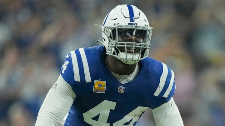 Indianapolis Colts linebacker Zaire Franklin (44) celebrates after making a stop Sunday, Sept. 29, 2024, during a game against the Pittsburgh Steelers at Lucas Oil Stadium in Indianapolis.
