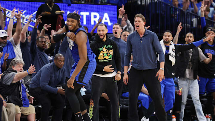 Orlando Magic center Wendell Carter Jr. (34) reacts after making a three point shot against the Atlanta Hawks in the second quarter at Kia Center. 