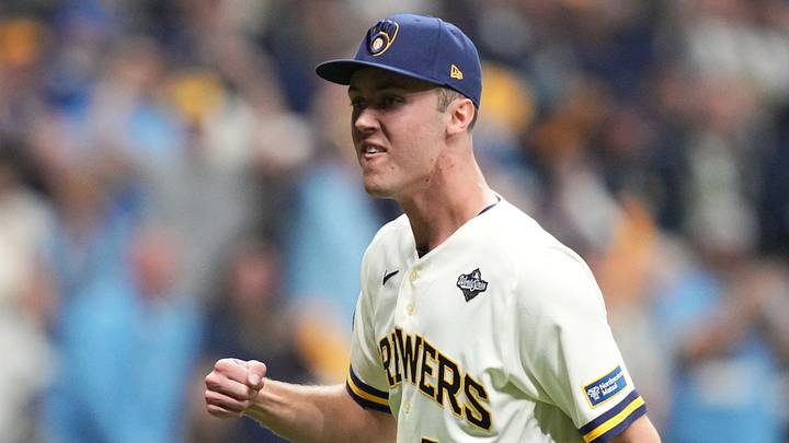 Oct 23, 2026; Milwaukee, Wisconsin, USA; Milwaukee Brewers pitcher Jacob Misiorowski (32) reacts after pitching against the Tampa Bay Rays during the second inning in game one of the 2026 World Series at American Family Field. Mandatory Credit: Michael McLoone-Imagn Images Oct 23, 2026; Milwaukee, Wisconsin, USA; Milwaukee Brewers pitcher Jacob Misiorowski (32) reacts after pitching against the Tampa Bay Rays during the second inning in game one of the 2026 World Series at American Family Field. Mandatory Credit: Michael McLoone-Imagn Images
