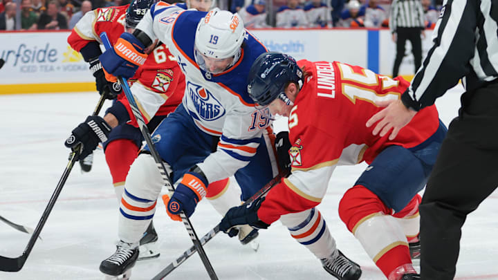 Nov 22, 2025; Sunrise, Florida, USA; Edmonton Oilers center Adam Henrique (19) face-off against Florida Panthers center Anton Lundell (15) during the third period at Amerant Bank Arena. Mandatory Credit: Sam Navarro-Imagn Images Nov 22, 2025; Sunrise, Florida, USA; Edmonton Oilers center Adam Henrique (19) face-off against Florida Panthers center Anton Lundell (15) during the third period at Amerant Bank Arena. Mandatory Credit: Sam Navarro-Imagn Images