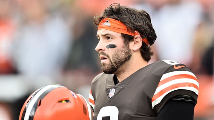 Oct 17, 2021; Cleveland, Ohio, USA; Cleveland Browns quarterback Baker Mayfield (6) warms up before the game between the Browns and the Arizona Cardinals at FirstEnergy Stadium. Mandatory Credit: Ken Blaze-Imagn Images