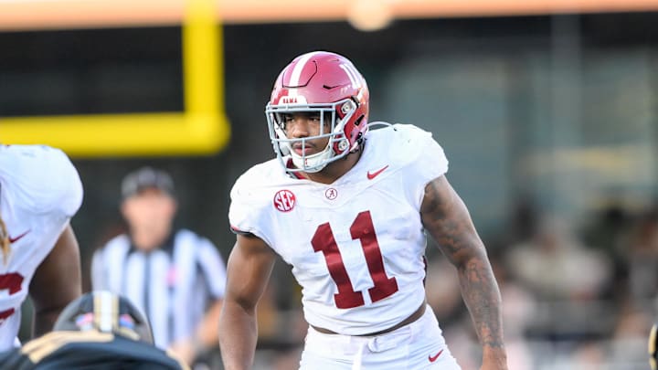 Oct 5, 2024; Nashville, Tennessee, USA; Alabama Crimson Tide linebacker Jihaad Campbell (11) sneaks a peek into the back field against the Vanderbilt Commodores during the second half  at FirstBank Stadium. Mandatory Credit: Steve Roberts-Imagn Images