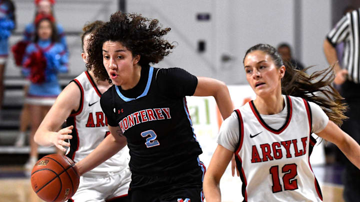 Monterey guard Aaliyah Chavez (center) drives during the Region I-5A Division II final at Abilene Christian University Feb. 21, 2025. Monterey guard Aaliyah Chavez (center) drives during the Region I-5A Division II final at Abilene Christian University Feb. 21, 2025.