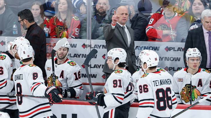 Mar 3, 2026; Winnipeg, Manitoba, CAN;  Chicago Blackhawks head coach Jeff Blashill during the third period against the Winnipeg Jets at Canada Life Centre. Mandatory Credit: Terrence Lee-Imagn Images