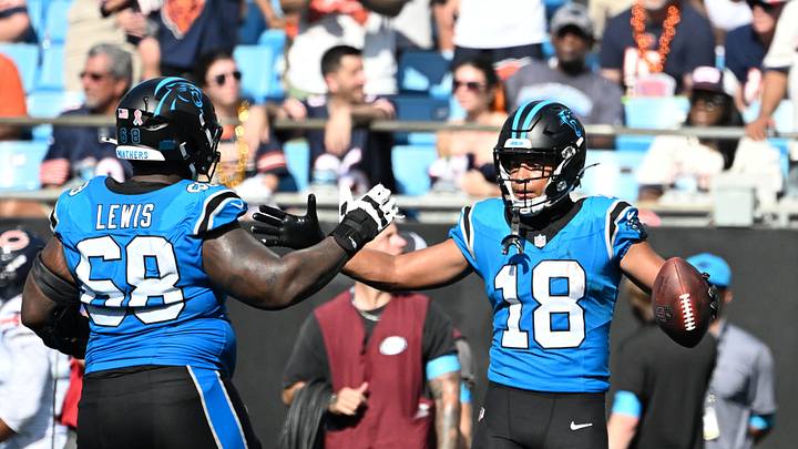 Sep 13, 2026; Charlotte, North Carolina, USA; Carolina Panthers wide receiver Jalen Coker (18) clebrates with guard Damien Lewis (68) after scoring a touchdown in the second half at Bank of America Stadium. Mandatory Credit: Bob Donnan-Imagn Images Sep 13, 2026; Charlotte, North Carolina, USA; Carolina Panthers wide receiver Jalen Coker (18) clebrates with guard Damien Lewis (68) after scoring a touchdown in the second half at Bank of America Stadium. Mandatory Credit: Bob Donnan-Imagn Images