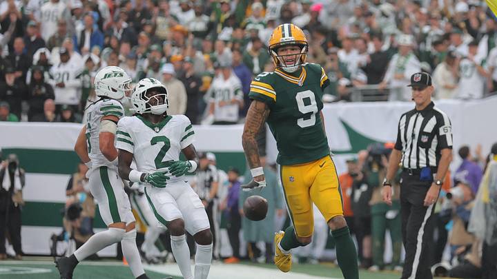 Green Bay Packers wide receiver Christian Watson (9) scores a touchdown during the fourth quarter against the New York Jets at MetLife Stadium. Green Bay Packers wide receiver Christian Watson (9) scores a touchdown during the fourth quarter against the New York Jets at MetLife Stadium.