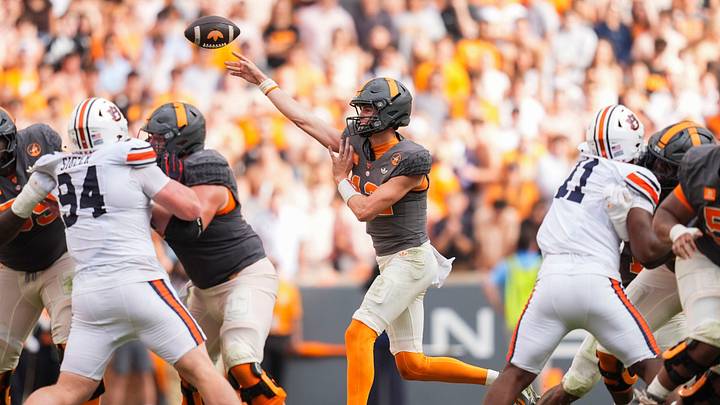 Tennessee quarterback George MacIntyre (12) throws the ball during a college football game between Tennessee and Auburn at Neyland Stadium in Knoxville, Tenn., on Oct. 3, 2026.