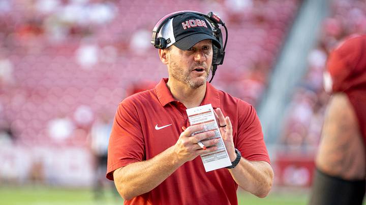 Arkansas Razorbacks coach Ryan Silverfield talks to his team on the sideline of CommunityAmerica Razorback Stadium during the season opener against North Alabama on Sept. 5, 2026. Arkansas Razorbacks coach Ryan Silverfield talks to his team on the sideline of CommunityAmerica Razorback Stadium during the season opener against North Alabama on Sept. 5, 2026.