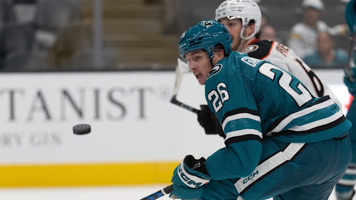 Sep 26, 2023; San Jose, California, USA; San Jose Sharks defenseman Leon Gawanke (26) watches the