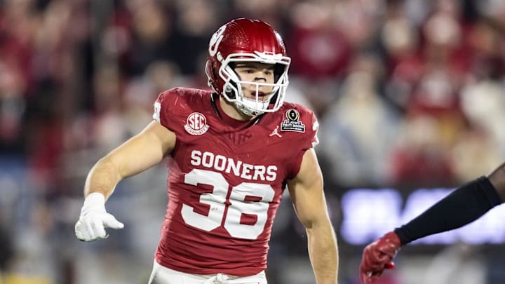 Dec 19, 2025; Norman, OK, USA; Oklahoma Sooners linebacker Owen Heinecke (38) against the Alabama Crimson Tide during the CFP National Playoff First Round at Gaylord Family Oklahoma Memorial Stadium. Mandatory Credit: Mark J. Rebilas-Imagn Images