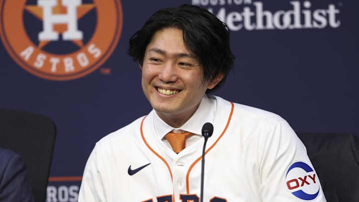 Jan 5, 2026; Houston, TX, USA; Houston Astros pitcher Tatsuya Imai smiles during a press conference at Daikin Park. 