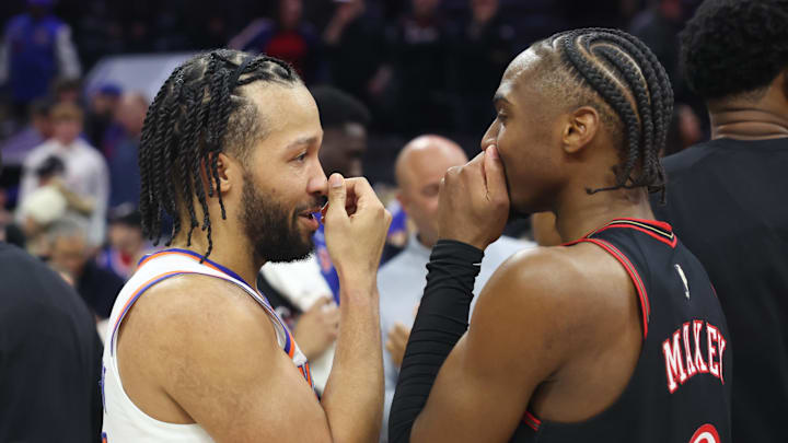 Jan 24, 2026; Philadelphia, Pennsylvania, USA; New York Knicks guard Jalen Brunson (11) and Philadelphia 76ers guard Tyrese Maxey (0) talk after the game at Xfinity Mobile Arena. Mandatory Credit: Bill Streicher-Imagn Images
