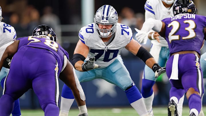 Dallas Cowboys guard Zack Martin blocks during the fourth quarter against the Baltimore Ravens at AT&T Stadium Dallas Cowboys guard Zack Martin blocks during the fourth quarter against the Baltimore Ravens at AT&T Stadium