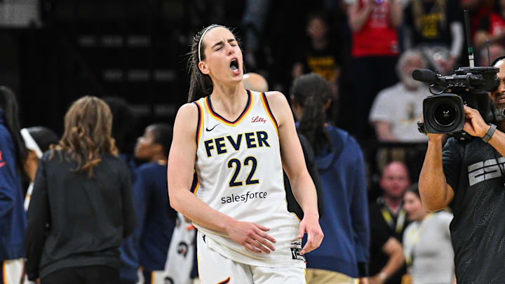 May 4, 2025; Iowa City, IA, USA; Indiana Fever guard Caitlin Clark (22) reacts during the third quarter against the Brazil National Team at Carver-Haweye Arena. Mandatory Credit: Jeffrey Becker-Imagn Images