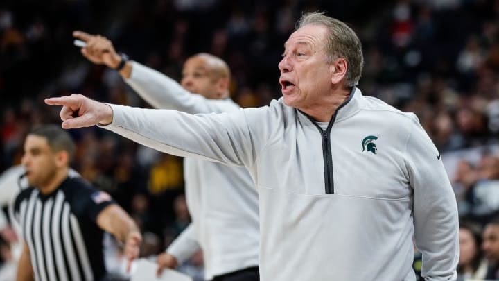 Michigan State head coach Tom Izzo reacts to a play against Purdue during the second half of quarterfinal of Big Ten tournament at Target Center in Minneapolis, Minn. on Friday, March 15, 2024. Michigan State head coach Tom Izzo reacts to a play against Purdue during the second half of quarterfinal of Big Ten tournament at Target Center in Minneapolis, Minn. on Friday, March 15, 2024.