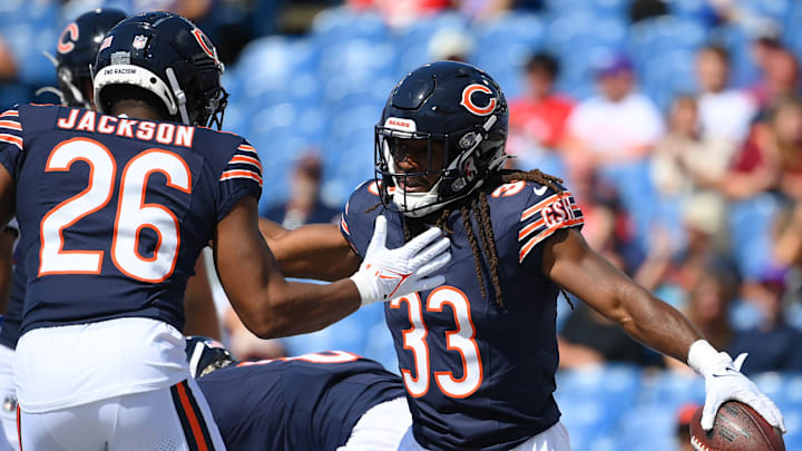 Ian Wheeler (33) and John Jackson III celebrate during the Bears' 33-6 preseason win over the Bills
